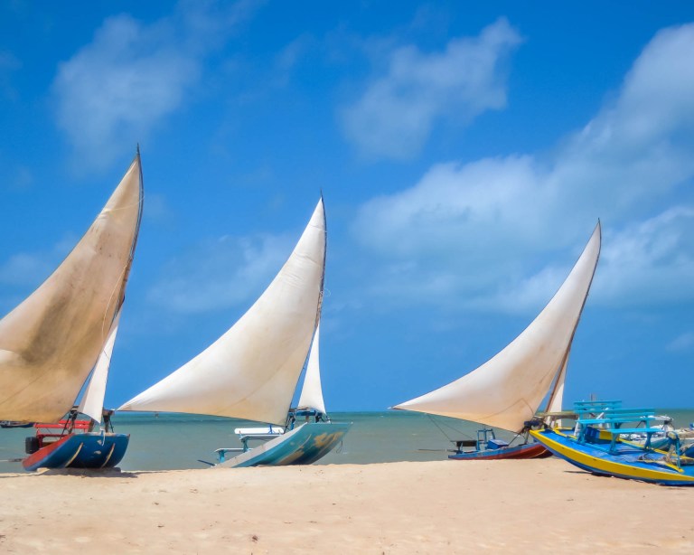 Traditional fishing boats called Jangada with white sails on the beach in Sao Miguel do Gostoso in the State of Rio Grande do Norte (Rio Grande do Norte) Brasil.
