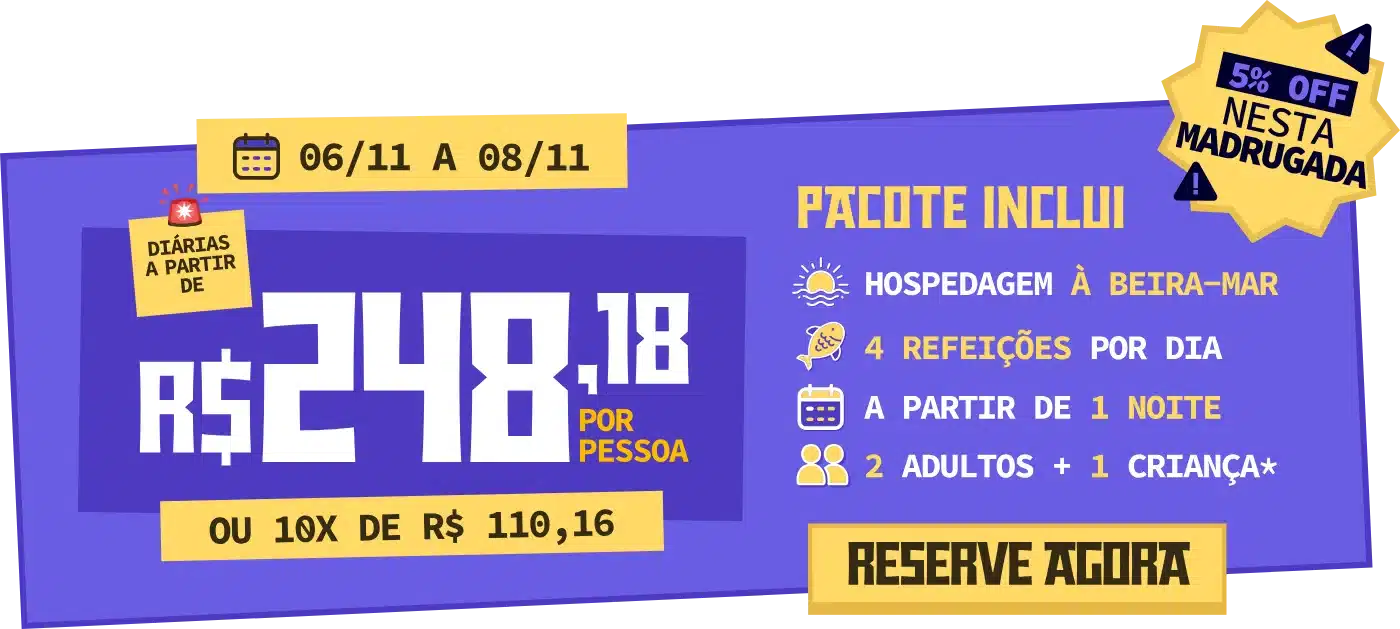 Banner promocional do Esmeralda Praia Hotel anunciando diárias a partir de R$248,18 por pessoa, para o período de 06 a 08 de novembro, com 5% de desconto por tempo limitado