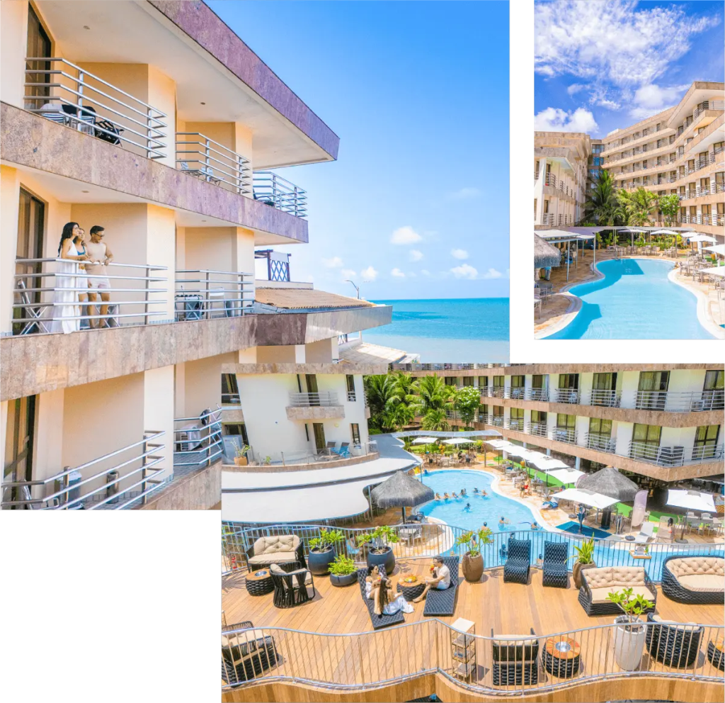 Colagem com três imagens do Esmeralda Praia Hotel: um casal na varanda com vista para o mar, a piscina vista da fachada do prédio e o deck de madeira com piscina visto de cima